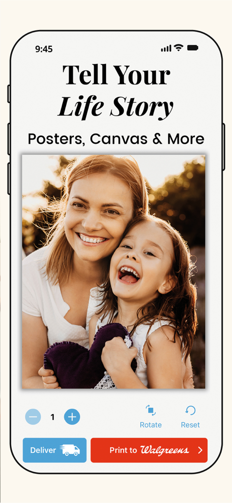 Printicular mobile app interface showing a mother and child photo with options to print to Walgreens or order home delivery.