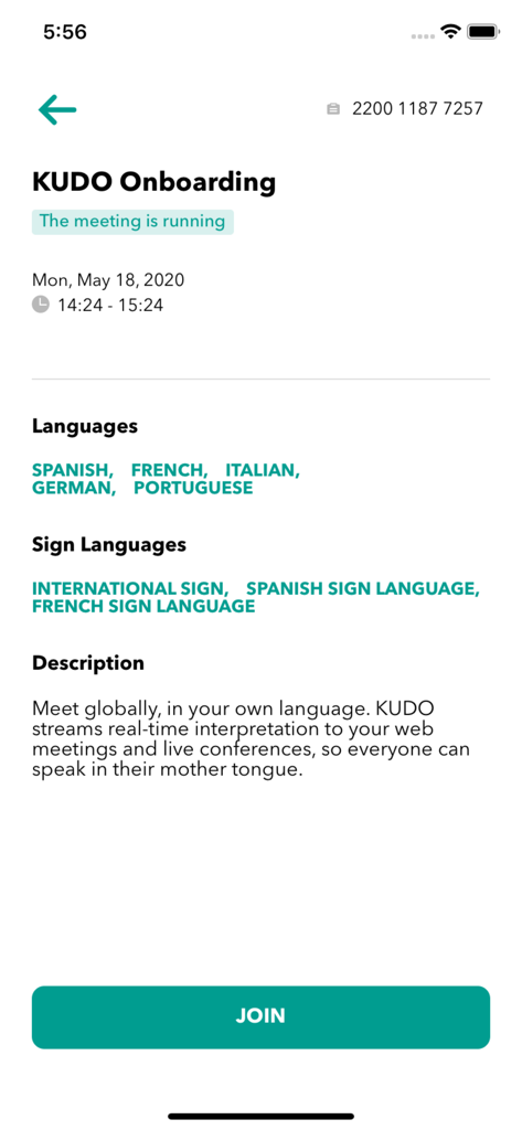 KUDO Live - KUDO Live app interface showing meeting details for an onboarding session with multilingual support and a join button