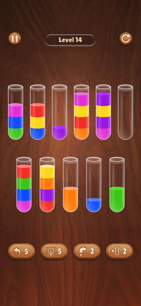 Color Water Sort Wooden Puzzle - Pantalla de juego de Rompecabezas de Madera para Ordenar Agua con agua de colores en tubos de ensayo sobre un fondo de madera oscura.