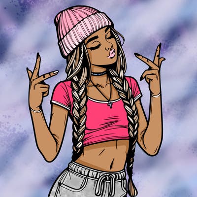realistic teenage girl with braids and a beanie and crop top doing 🫶🏼