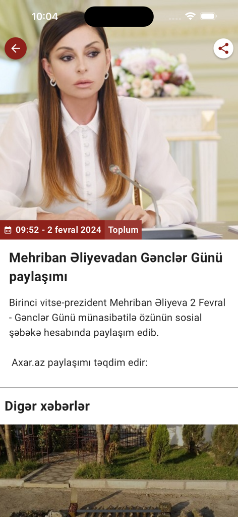 Axar.az - News portal - Interfaz de artículo de noticias de la aplicación móvil Axar.az que presenta una historia sobre Mehriban Aliyeva.