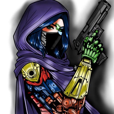 realistic female assassin with metal arm with a cape holding a gun