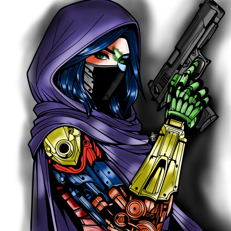 realistic female assassin with metal arm with a cape holding a gun