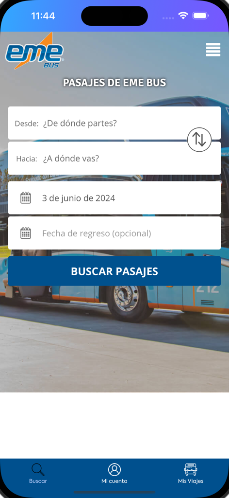 EME Bus - Interfaz principal de búsqueda de boletos de la aplicación EME Bus que muestra los campos de origen y destino para viajar en Chile