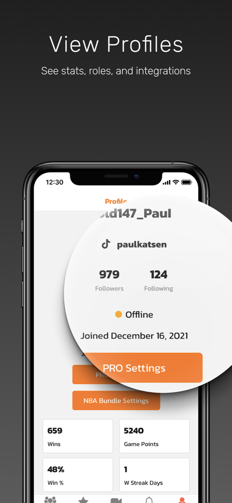 Gym Class VR: Companion App - Profile screen of the Gym Class VR Companion App showing player stats and social media links.