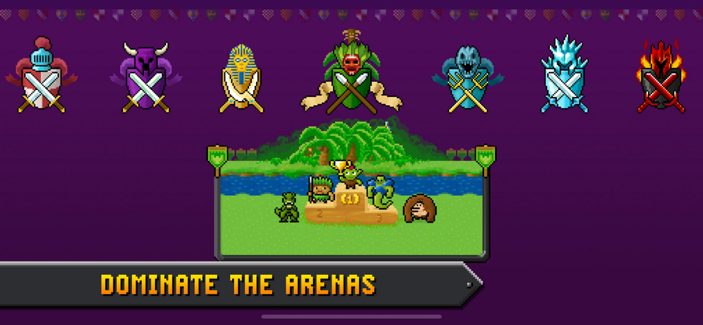 Boom Mania - Una pantalla de tabla de clasificación pixel-art de Boom Mania con trofeos de personajes y escudos de mundo