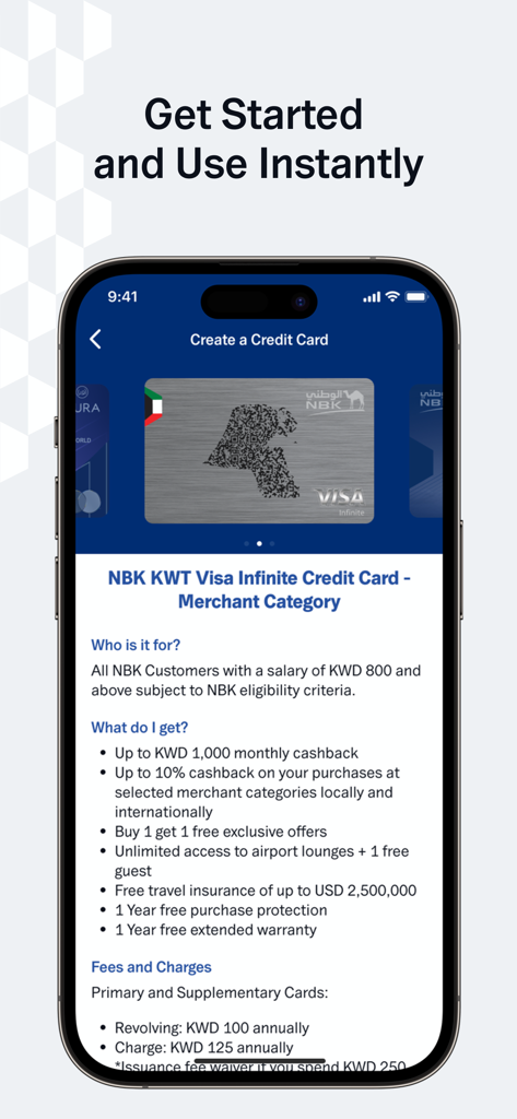 NBKモバイルバンキングアプリ画面。NBK KWT Visa Infinite Credit Cardの特典と詳細が表示されています。