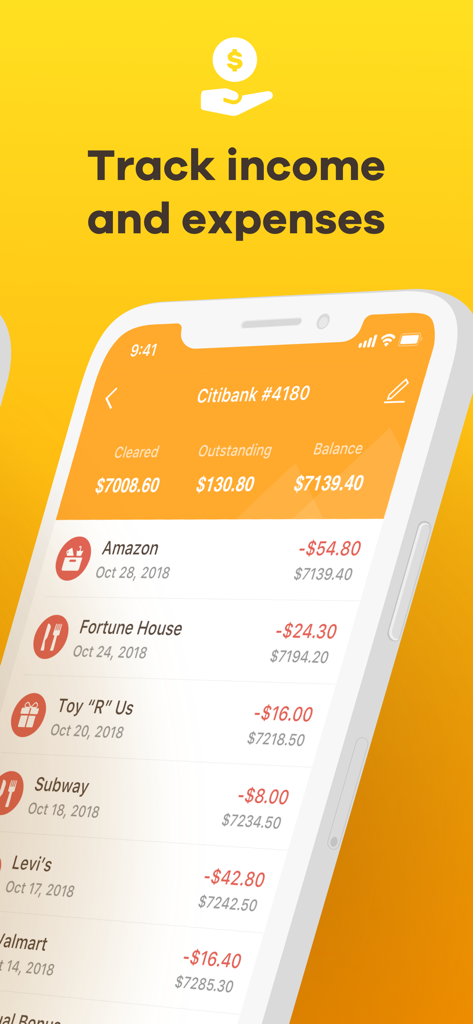 Checkbook - Account Tracker - Interface de l'application de chéquier numérique montrant une liste de transactions avec les soldes réglés et en attente
