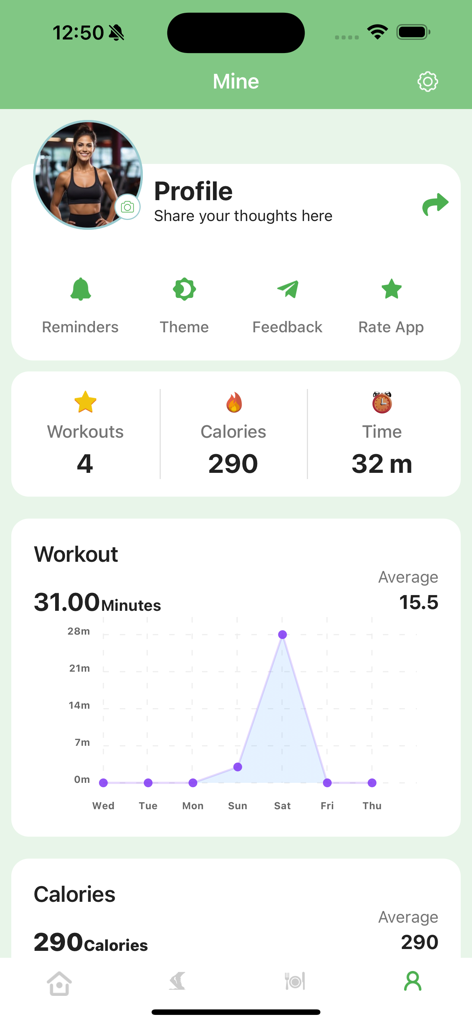 KidWorkout 360 Grow Faster - Um painel de perfil de usuário no aplicativo KidWorkout 360 exibindo estatísticas de treino e gráficos de acompanhamento de calorias.