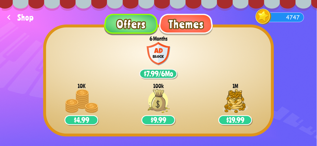 Piano Flow - Music Game - The in-game shop of Piano Flow music game with various coin packages and ad block offers.