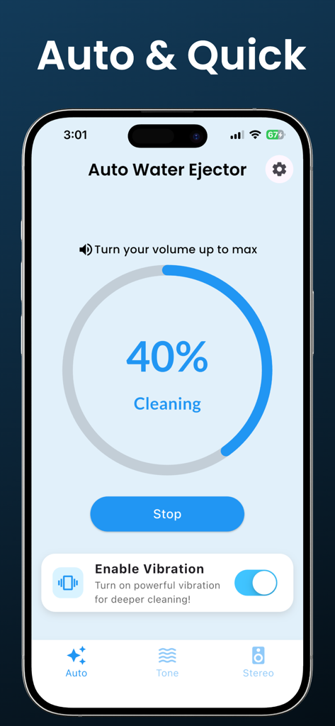 Pantalla de smartphone que muestra la aplicación Eliminador de Líquido expulsando agua automáticamente