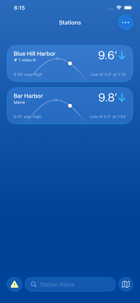 Ocean Watch - Ein Screenshot der Ocean Watch App zeigt Gezeitenstationen in Blue Hill Harbor und Bar Harbor mit aktuellen Wasserständen und Gezeitenkurven.