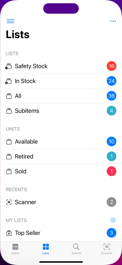 The Lists view of the Inventory Control app displaying stock categories and item counts
