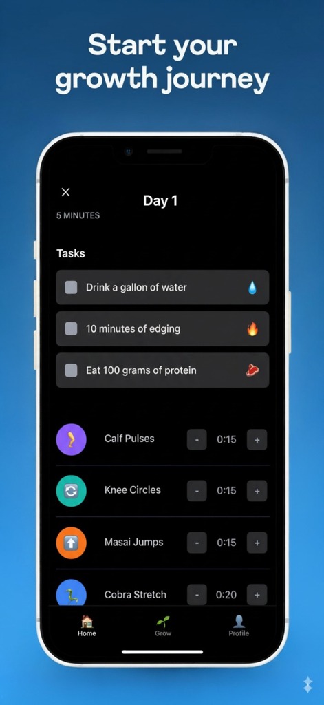 Smartphone screen showing the Dih App daily task list and exercise routines for men's self-improvement.
