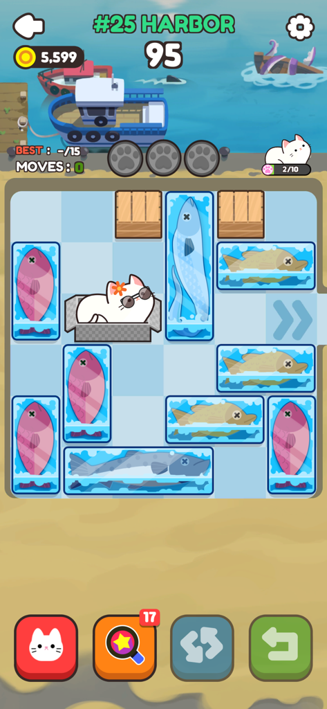 Push Push Cat - Gameplay screenshot of Push Push Cat showing a sliding block puzzle with a white cat and fish themed blocks in a harbor level