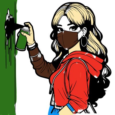 realistic girl with mask spray painting a wall