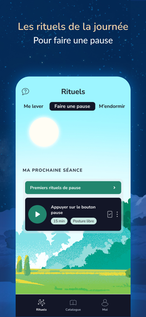 Sommeil avec Petit BamBou - Pantalla de la aplicación Dormir con Petit BamBou mostrando rituales diarios de meditación para tomar un descanso.