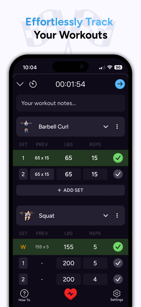 Liftoff app workout tracking interface showing exercise logs for barbell curls and squats
