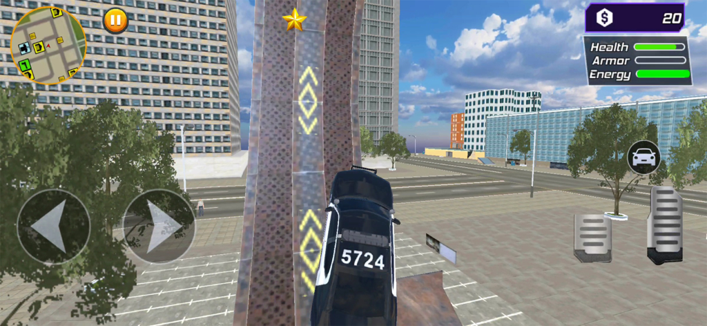 Flying Hero Cyber City - A black car driving up a steep stunt ramp in Flying Hero Cyber City