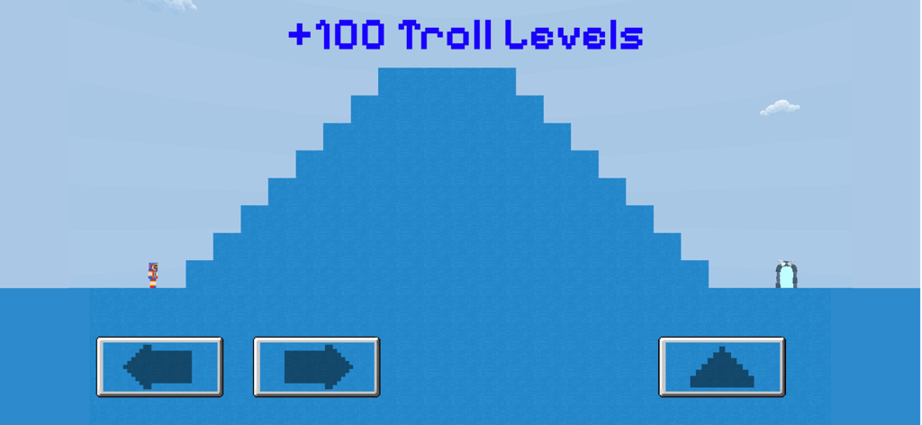 Die Trying - Troll Devil Game - Pixel art platformer level in Die Trying Troll Devil Game featuring a large blue obstacle and troll levels text