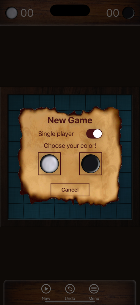 Reversi - Offline - Menú de configuración de nuevo juego en la aplicación Reversi Offline mostrando el interruptor de un jugador y la selección de color