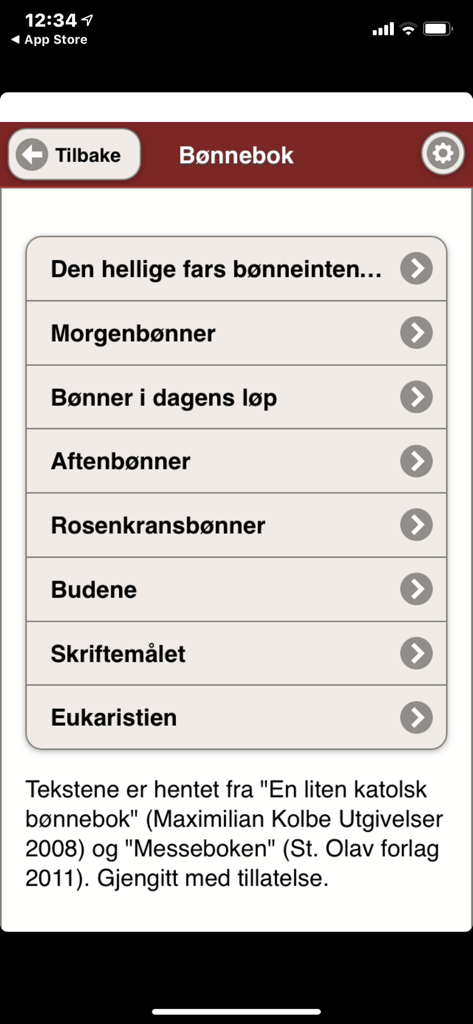 Un menu all'interno dell'app Katolsk che mostra varie categorie di preghiere come preghiere mattutine e serali in norvegese.