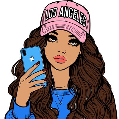 realistic beautiful girl wearing los ángeles cap holding an iphone