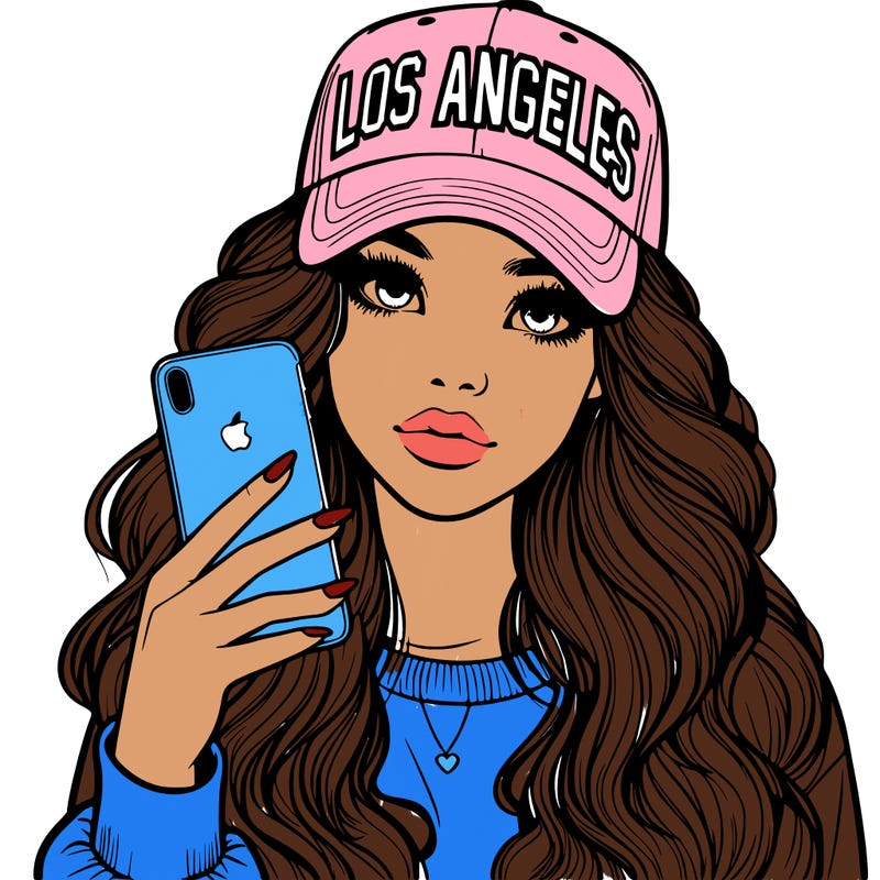 realistic beautiful girl wearing los ángeles cap holding an iphone