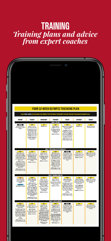 220 Triathlon Magazine - Screenshot of a 12-week Olympic triathlon training plan with expert coaching advice in the 220 Triathlon Magazine app.