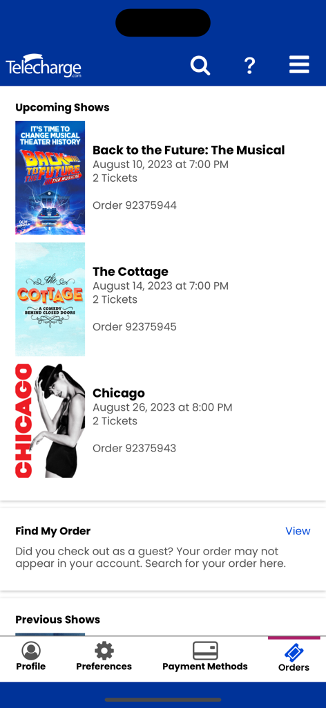 Telecharge app orders screen displaying upcoming Broadway show tickets and order numbers.