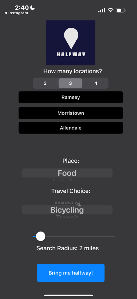 Halfway Finder - Halfway Finder app screen for planning a meeting point with three locations and food and bicycling preferences