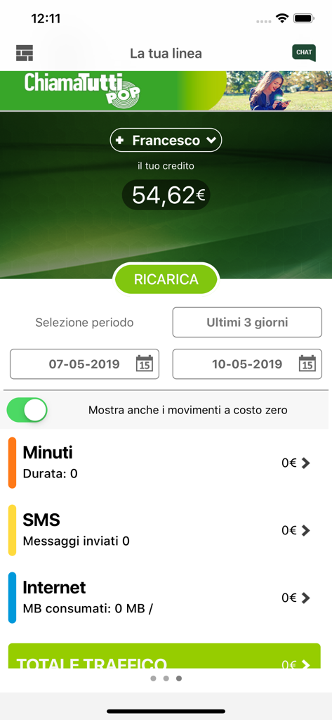 Interfaz de la app CoopVoce mostrando el saldo restante y los medidores de consumo de llamadas y datos