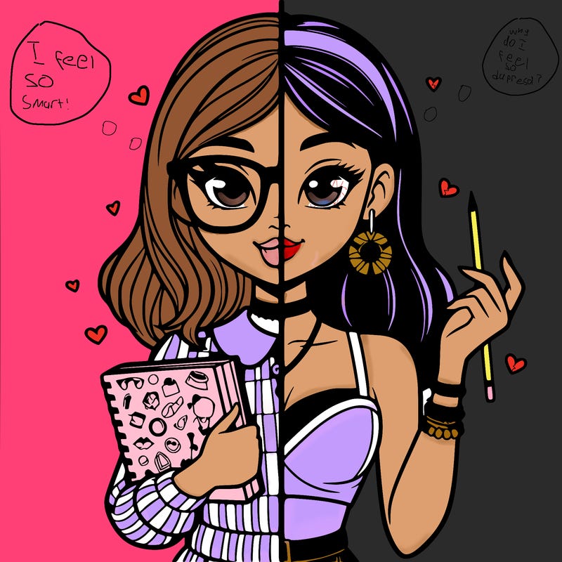 split with one side of girl nerd and one side popular