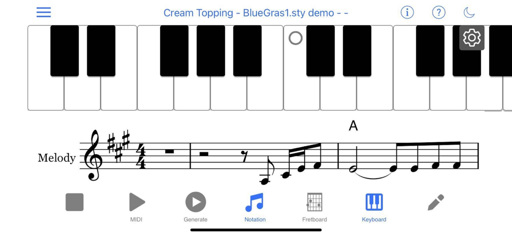 Band-in-a-Box - Interfaccia dell'app Band-in-a-Box che mostra una tastiera di pianoforte virtuale e notazione musicale per la melodia.