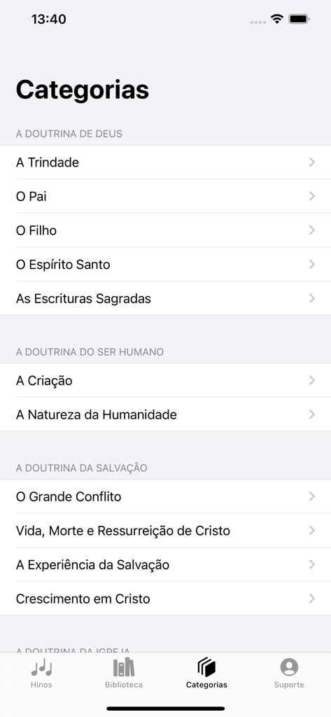 Novo Hinário Adventista - Uma lista de categorias teológicas no aplicativo Novo Hinario Adventista, incluindo a doutrina de Deus e a natureza humana.