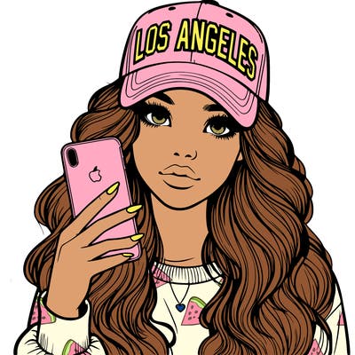 realistic beautiful girl wearing los ángeles cap holding an iphone