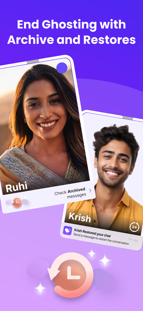 A screenshot of Dil Mil app highlighting the archive and restores feature designed to prevent ghosting in dating