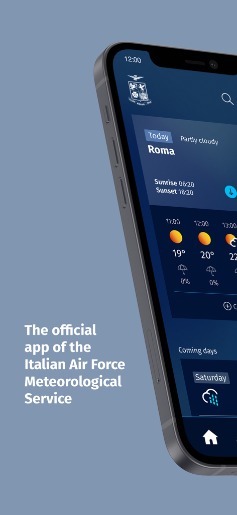 Meteo Aeronautica - Smartphone screen showing the official Italian Air Force weather app with a forecast for Rome