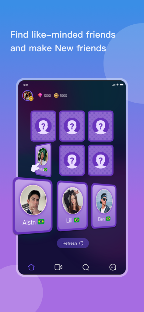 WOMO app interface showing profiles for finding like-minded friends.