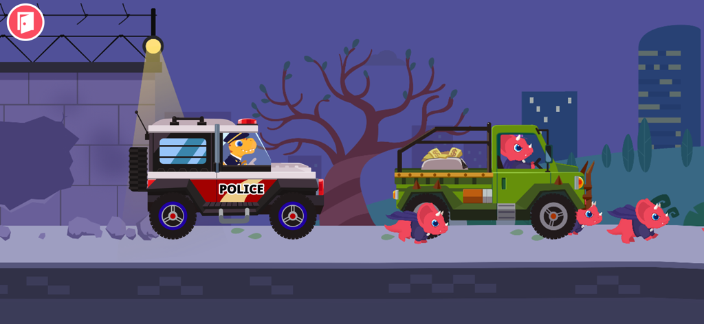 Dinosaur Police Car kids Games - 夜間のミッションで、緑のトラックに乗った悪党をパトカーに乗った恐竜警察官が追跡している様子