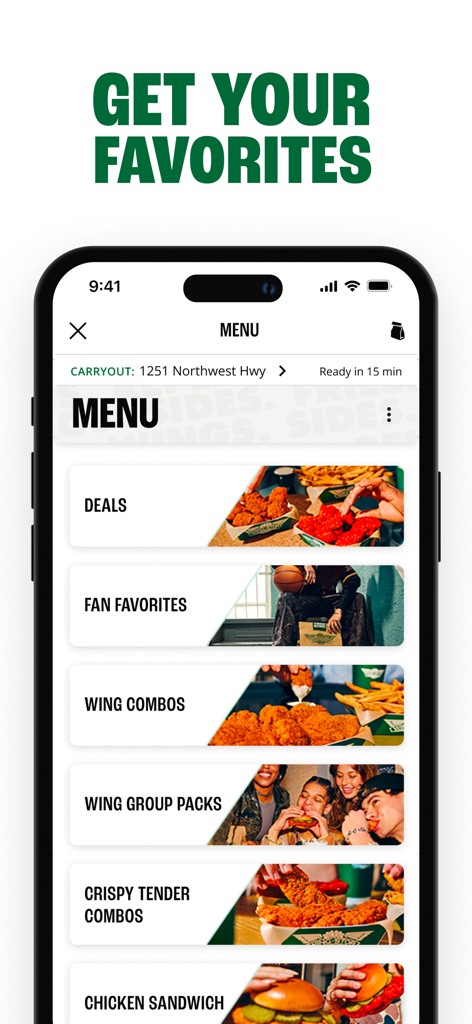 Wingstop mobile app menu screen displaying various categories including deals, wing combos, and group packs.