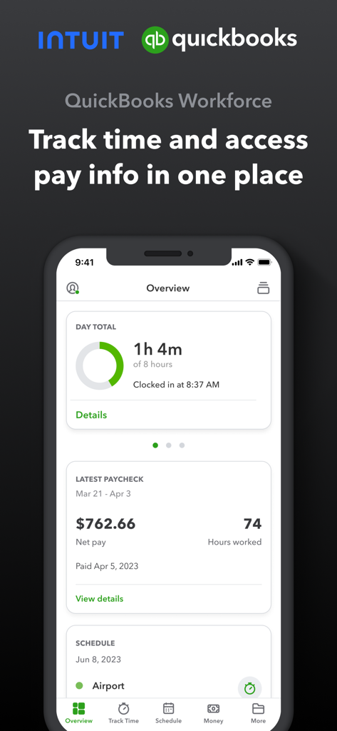 QuickBooks Workforce mobile app showing daily hours worked and latest paycheck details