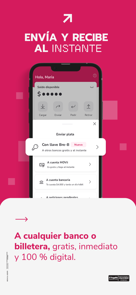 MOVii - Interfaz de la aplicación móvil MOVii para transferencias de dinero digitales instantáneas