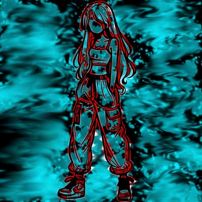 girl in baggy pants crop top and long hair