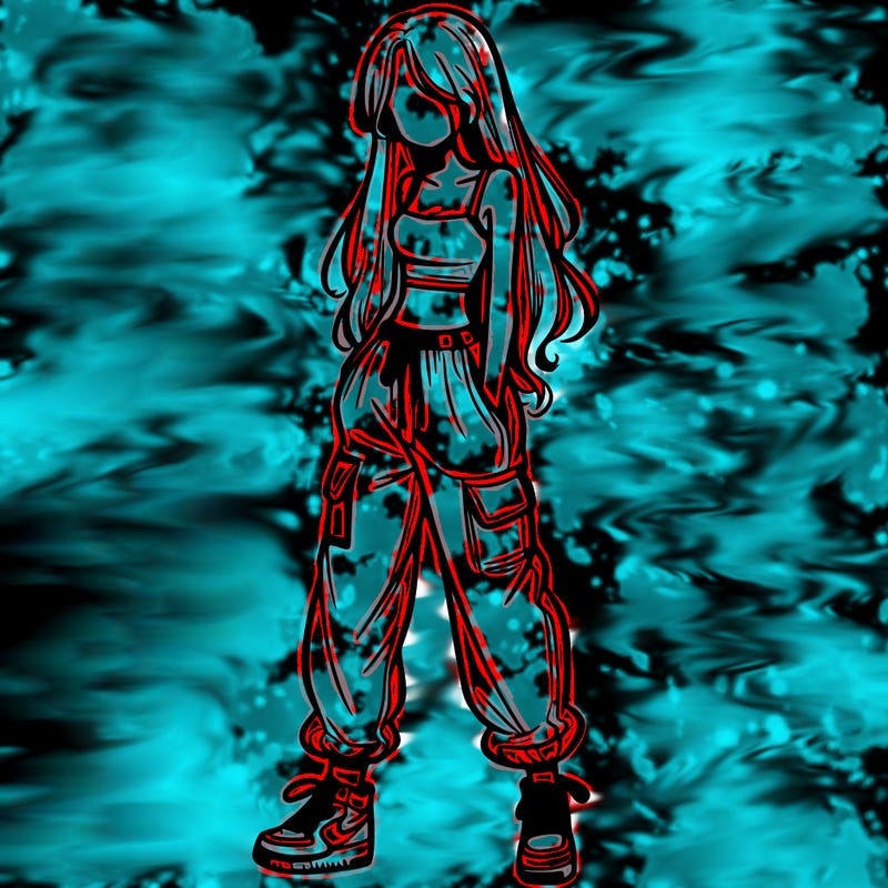 girl in baggy pants crop top and long hair