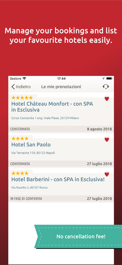 DayBreakHotels - Screenshot dell'app DayBreakHotels che mostra un elenco di prenotazioni alberghiere con valutazioni a stelle, icone a forma di cuore preferite e un banner senza costi di cancellazione.
