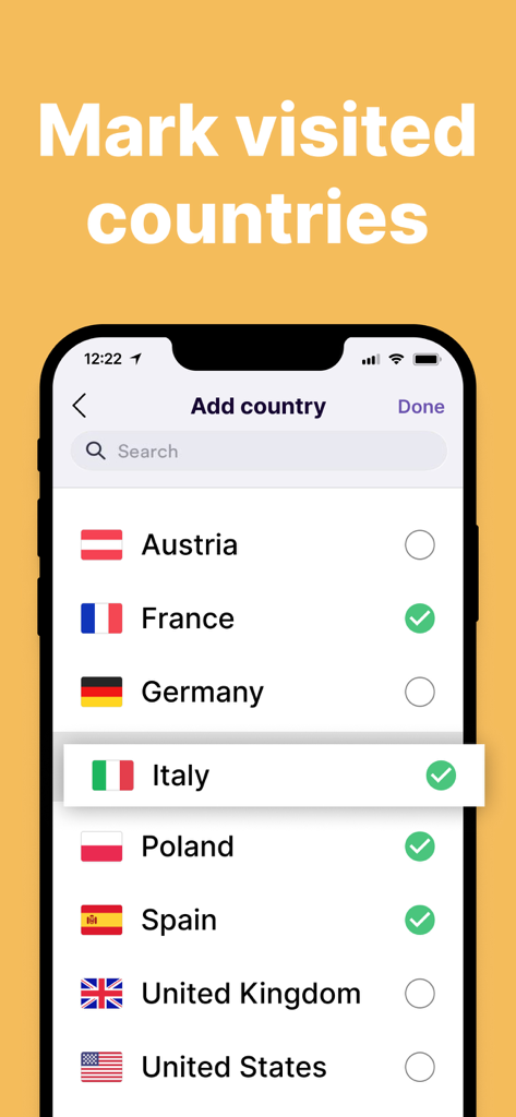 A mobile app interface for marking visited countries from a list with flags