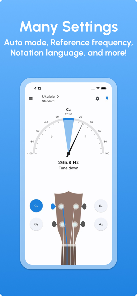 Interface of the Ukulele Tuner app showing the tuning needle and settings options