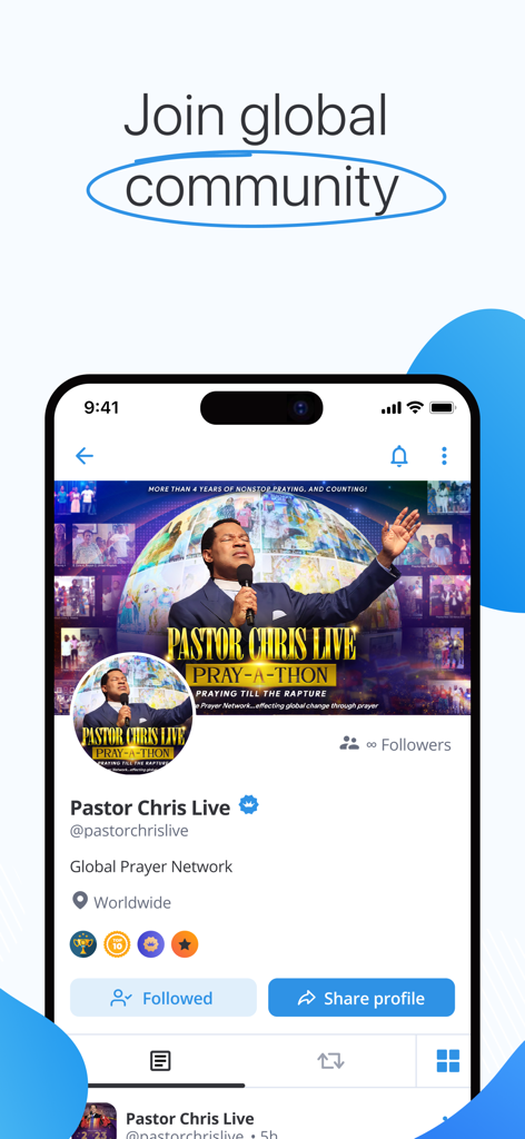 KingsChat app profile page for Pastor Chris Live showing a global prayer community SuperUser account.
