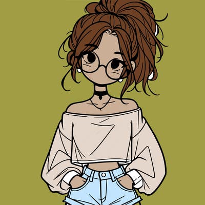 girl with a messy ponytail glasses a baggy crop top and jean shorts